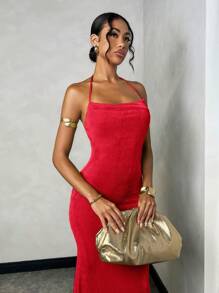 SHEIN BAE 女士纯色度假浪漫约会日常休闲简约优雅露背细肩带连衣裙，适合海滩、派对 - 紅色 - 查看 5