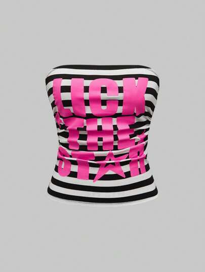 Kawaii Y2K Style Fuchsia Slogan & Star Print Ruched Bandeau Crop Top For Women