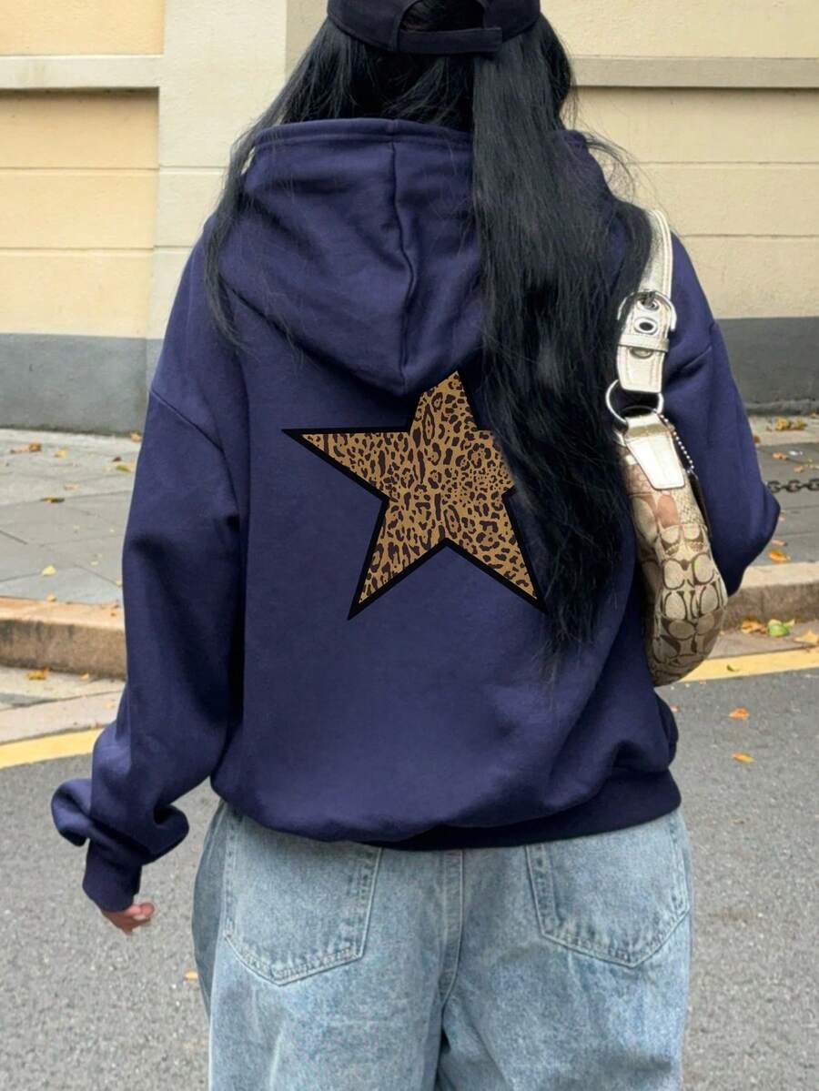 SHEIN EZwear Áo nỉ trùm đầu dày họa tiết da báo và ngôi sao cỡ lớn thả vai có dây rút dành cho nữ, phù hợp cho mùa thu và đông - Màu xanh hải quân - Xem 1