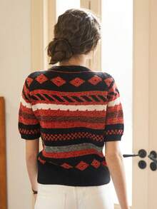 Knit Mix Áo len dệt kim họa tiết hình học thường ngày cho nữ mùa xuân/thu, cổ tròn, tay ngắn, màu tương phản, áo phông rộng rãi cho mùa hè, (In ngẫu nhiên) Ngày lễ tình nhân - màu đen - Xem 3