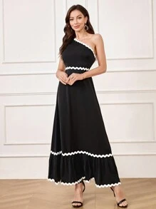 SHEIN Belle Women's Color Block Woven Tape Splicing Asymmetric Neckline Evening Gown,Semi Formal Prom Dress For Wedding Guest,Birthday,Graduation Homecoming - Black - View 7