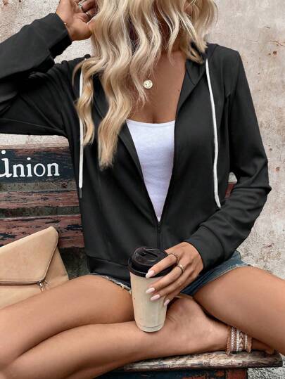 SHEIN LUNE 女士纯色连帽拉链夹克