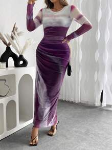 SHEIN Unity Đầm Maxi Tay Dài In Xếp Ly Cổ Tròn Cho Nữ Trang Phục Nữ - Màu tím - Xem 3