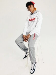 SHEIN 2 pièces/Set Survêtement adolescents garçons décontracté ample avec motif imprimé et blocs de couleurs, capuche et pantalon long. Doublure thermique, épaissi.