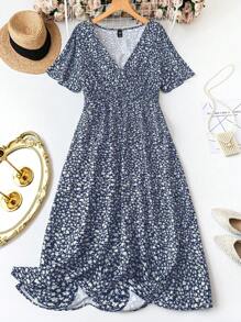 Breezaya 大码 V 领短袖全身印花优雅迷人连衣裙 - 藏蓝色 - 查看 1
