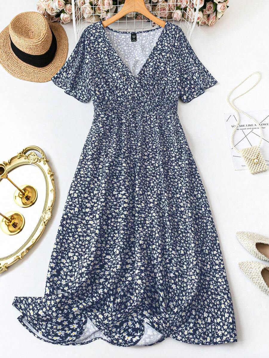 Breezaya 大码 V 领短袖全身印花优雅迷人连衣裙 - 藏蓝色 - 查看 1