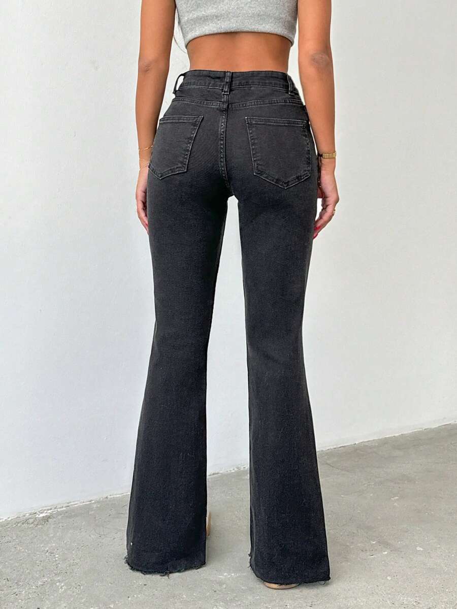 98 CottonLow Waist Slit Detailed Flare Leg Jean SHEIN USA