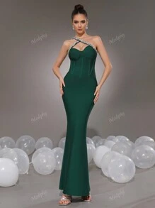 Modphy Vestido asimétrico sexy de cuello verde con brillos, vestido largo formal de mujer para noche, boda, fiesta y vestido de invitada de boda