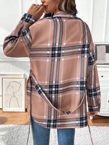 SHEIN LUNE Classic Plaid Print Front Button Pocket Long Sleeve Jacket Fall Cloth For Women