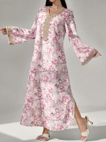 Al Najma Vestido largo con estampado floral, parche de ganchillo, manga larga, elegante y modesto en forma de línea A, vestido tipo kaftan y jalabiya, para fiesta de noche/invitado de boda/aniversario/uso diario