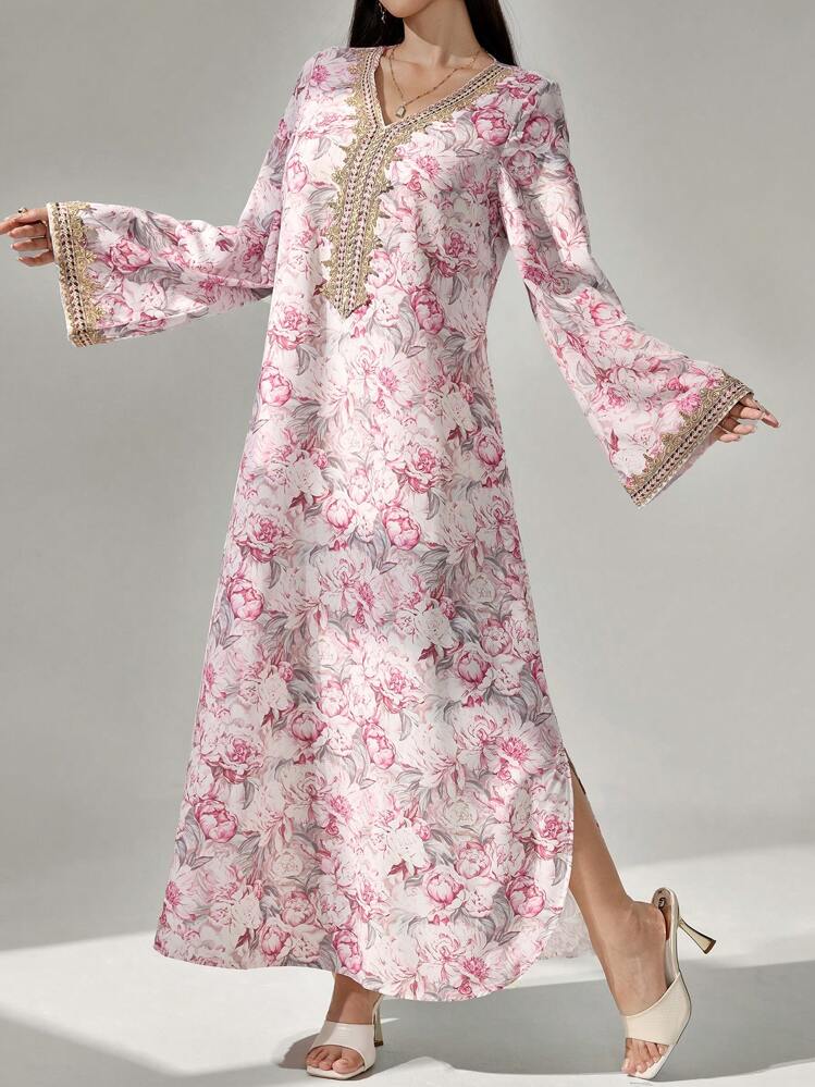 A&M رمضان فستان طويل الأكمام بطبعة زهور، رقعة إبرة...