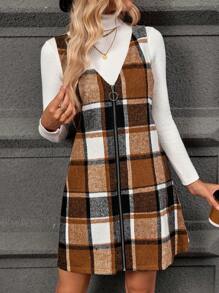 LanaWest Women's Plaid V-Neck Zip-Up Sleeveless Dress, Fall/Winter