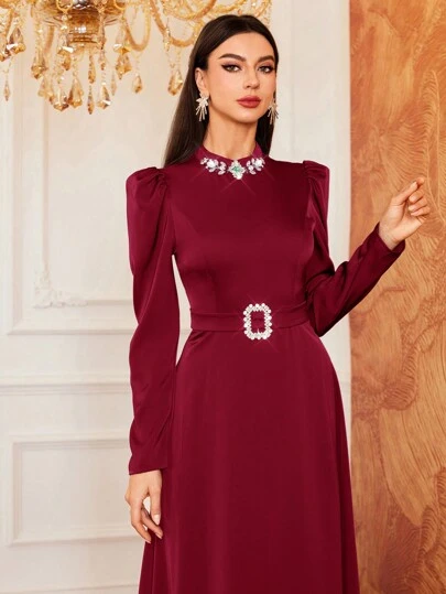 Modelyn 勃艮第红色女士纯色水钻装饰长袖超长休闲长袍端庄连衣裙