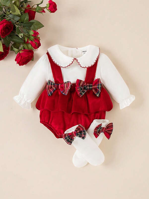 Souflis Souflis Conjunto de 3 piezas de pantalones de tirantes con moño lindo para niñas bebés, nueva moda cómoda de otoño e invierno 2024