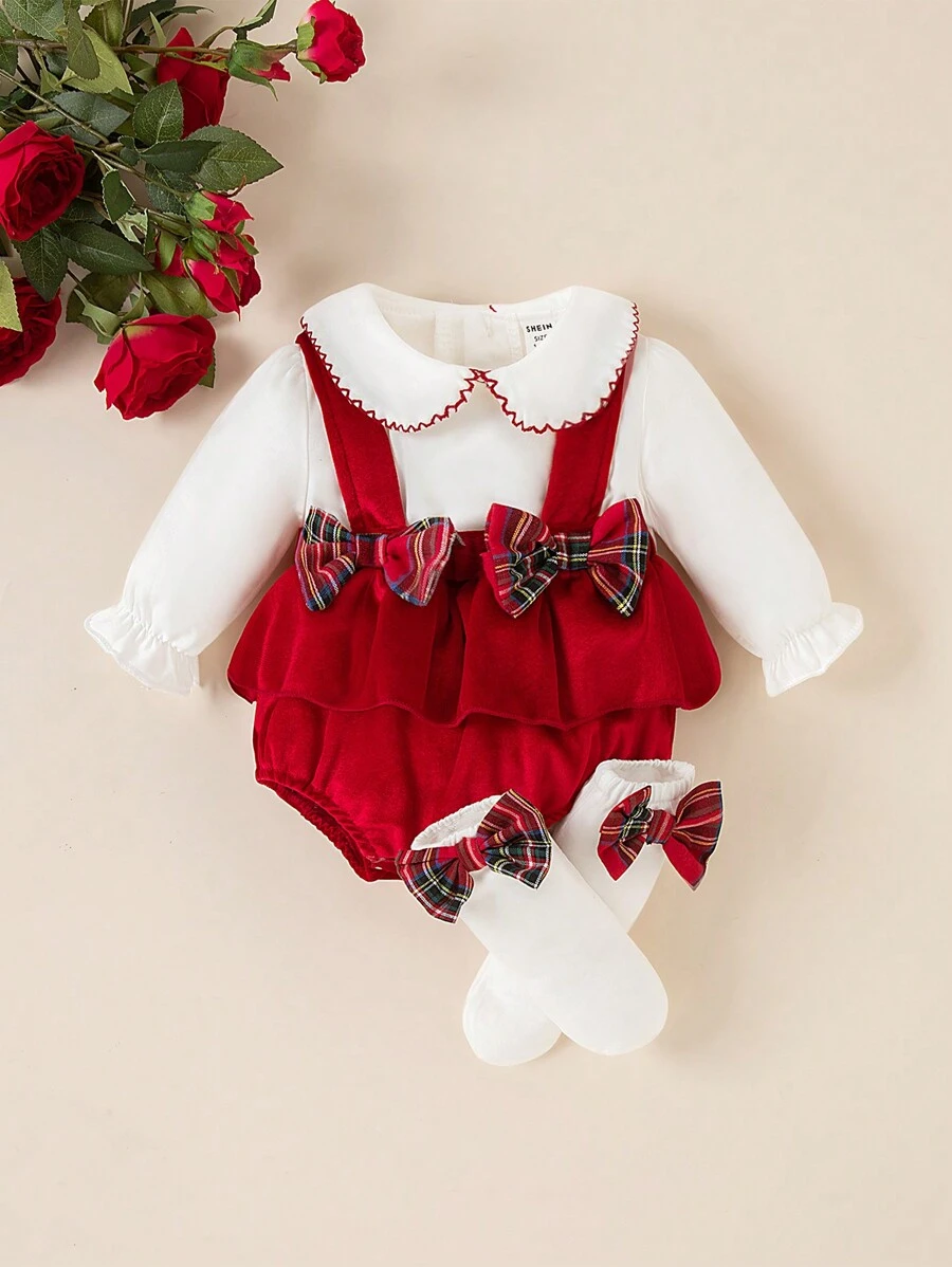 Souflis Souflis 3 件套女婴可爱蝴蝶结吊带裤套装，2024 年秋冬新款时尚舒适