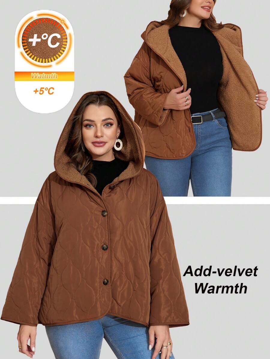 EMERY ROSE Plus Size Women's Solid Minimalist Hooded Thermal Jacket, Fall/Winter - Brown - View 1