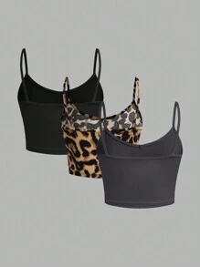SHEIN EZwear 3 piezas/Set Camiseta de tirantes acanalada con estampado de leopardo para mujer, adecuado para el verano