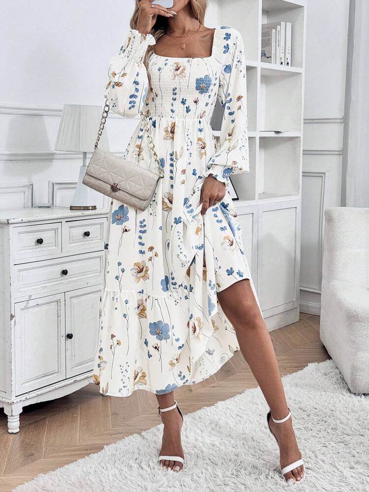 SHEIN Clasi 女士花卉印花方领长袖连衣裙 - 彩色 - 查看 6