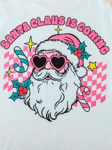 2 peças Tween Girl Natal Papai Noel Imprimir Costas Manga Curta Outfit