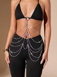SHEIN BAE Women's Spaghetti Strap Backless Rhinestone Embellished Jumpsuit, Form-Fitting, Flared, For Vacation, Nightclub, Party - Black - View 6