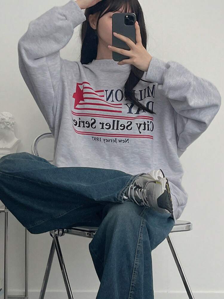 Women's Oversized Floral Print Crew Neck Sweatshirt, ,Fall Clothes