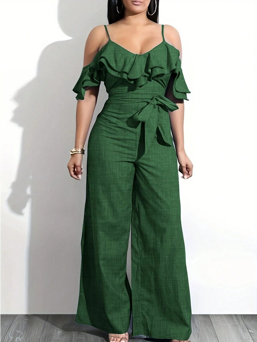 Chiquease 純色女款鬆身無袖連身褲，配有細肩帶 - 綠色 - 查看 1