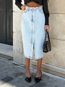 RueChic 100% Cotton MID LENGHT DENIM SKIRT SLIT DETAIL - Light Wash - View 5
