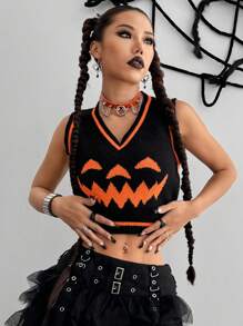 Flirla Chaleco informal sin mangas con estampado de calabaza para mujer, ropa de Halloween