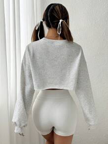 SHEIN EZwear Women's Casual Solid Color Cropped Sweatshirt, Spring Autumn,Long Sleeve Tops Graduation,Back To School Outfits,Graduation,Teacher Outfits For Women,Back To School - Grey - View 2