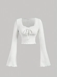 SHEIN MOD Women's White Square Collar Bell Sleeve T-Shirt,Fall Clothing,Halloween,White Bell Sleeves T-Shirt,Comfortable Long Sleeves,Going Out Tops,Fitted T Shirt,Tops With Sleeves,Christmas