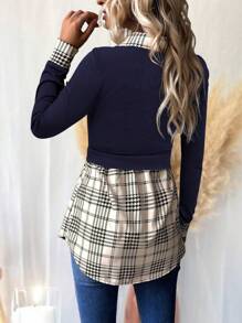 SHEIN Clasi Women's Solid Color Plaid Patchwork Long Sleeve T-Shirt - Navy Blue - View 2