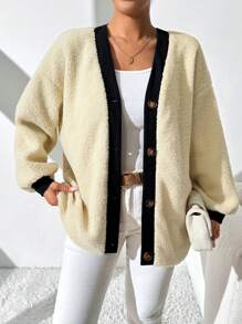 SHEIN Essnce 女士撞色饰边前排纽扣长袖蓬松夹克 - 彩色 - 查看 6
