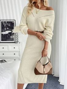 Chiquease Vestido de suéter casual de cuello redondo de manga larga de un solo color para mujer