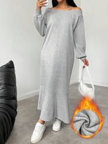 Chiquease Damen Kleid mit Off-Shoulder, Unifarben und kuschelig warm - Hellgrau - Übersicht 5