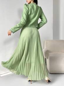 Modelyn 2 件女式方领长袖上衣和裙子套装 - 綠色 - 查看 2