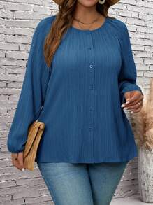 EMERY ROSE Áo cánh tay dài cổ tròn màu trơn cỡ lớn cho nữ - Màu xanh lam - Xem 5