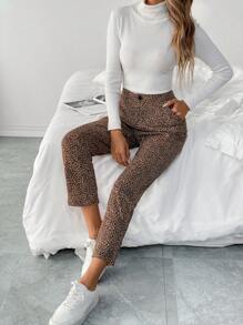 SHEIN LUNE Damen Hose mit Knopftaschen, modischer Streetwear-Stil, Leoparden Muster, tailliert und gekürzt - Verschiedenfarbig - Übersicht 2