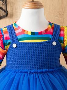 SHEIN Playful Pals 女婴彩虹条纹盖袖吊带二合一服装，秋季温暖舒适可爱风格