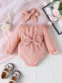 Baby Girls' Pink Textured Off-Shoulder Long Sleeve Bodysuit With Bow Decor & Headband, Spring/Fall - Pink - View 1