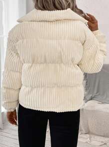 SHEIN CURVE+ Curve Plus Zip Up Corduroy Padded Coat, For Winter - Beige - View 2