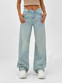 EURMUSE 100% Cotton HIGH RISE WIDELEG CUT ASYMMETRIC BELT WOMEN JEAN - Light Wash - View 3