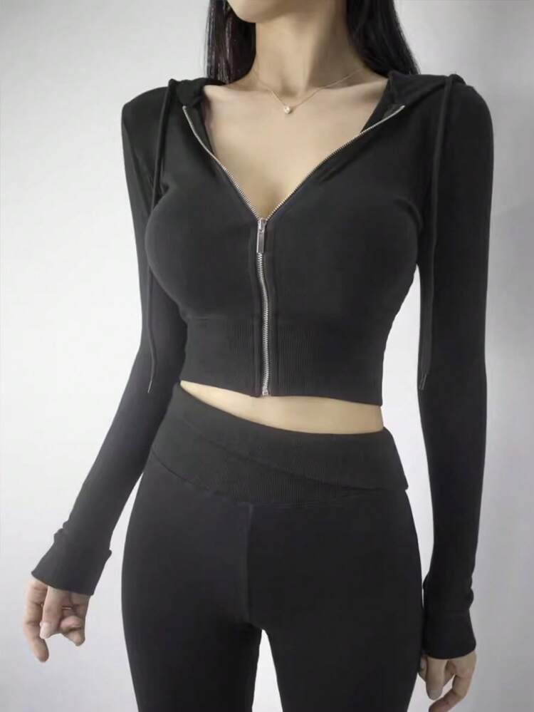 Women's Solid Color Long Sleeve Zip-Up Hooded Fitted Brushed Sweatshirt For Spring & Autumn Jacket