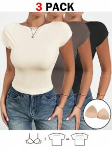SHEIN Essnce 女士夏季休闲针织纯色短袖内置胸罩露背 T 恤夏季女士上衣机场装夏季 T 恤基本款 T 恤无胸罩 T 恤加垫胸杯 T 恤，3 件 - 杏色 - 查看 4
