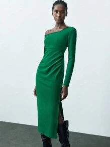 Maija Women's Solid Color Asymmetrical Neckline Long Sleeve Dress Classy Green Dress Elegant Knitted Dress