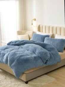 2/3 件蓝色床上用品毛绒蓬松羽绒被套套装人造毛皮羽绒被套带枕套（1 件人造毛皮羽绒被套+1/2 件枕套）床上用品套装适用于卧室客房特大号双人床尺寸