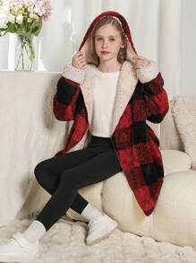 SHEIN Meisjes Casual Warm 2024 Kerstmis & Nieuwjaar Plaid Fleece Capuchonjack voor Tween
