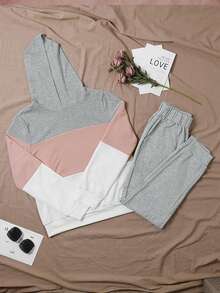 Women Colorblock Hoodie Pullover And Solid Color Pants Sports Suit Spring - Multicolor - View 2