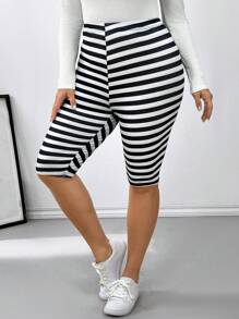 SHEIN Essnce 大码女式提臀紧身条纹印花打底裤，灰色 - 黑與白 - 查看 1