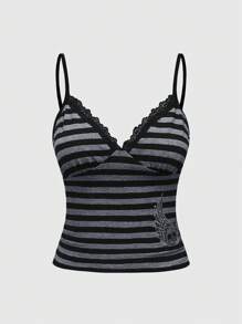 ROMWE Grunge Punk 女式朋克骷髅刺绣水钻条纹紧身背心 - 彩色 - 查看 1