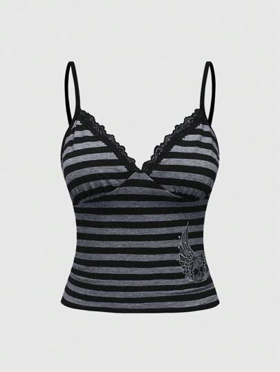 Grunge Punk Top senza maniche attillato da donna con ricamo a teschio punk, strisce e strass